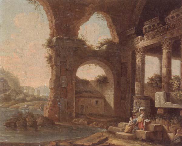 unknow artist An architectural capriccio with washerwomen by a river